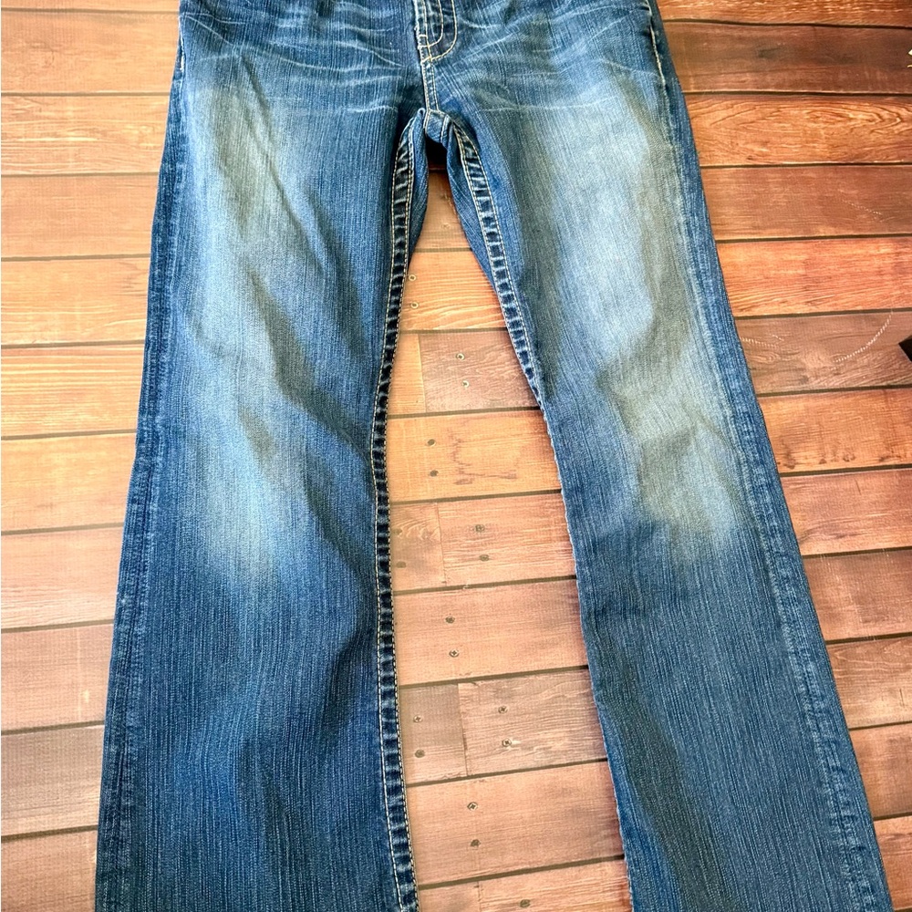 BKE Women's Distressed Blue Flare Jeans